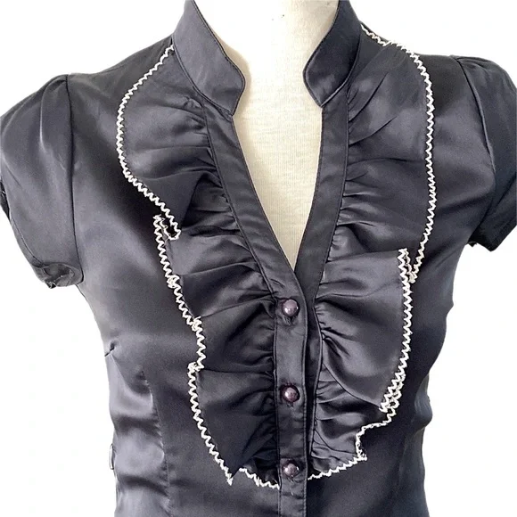 TEMT dark navy satiny puff short sleeve Blouse Ruffle front - Picture 3 of 8